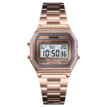 Reloj digital de acero inoxidable SKMEI 1474 para mujer, reloj de pulsera electrónico de aleación de diamantes, reloj de oro digital de lujo